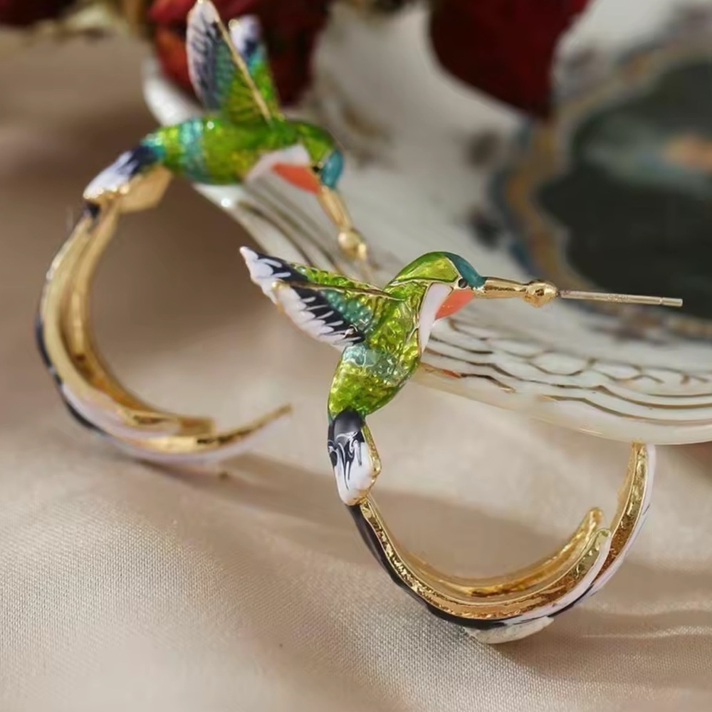 New listing! Hummingbird Hoop Earrings with Green and Gold Accents
